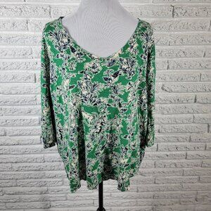 C&C California Womens Top 2X Plus 3/4 Sleeve Green Floral Linen FLO123E